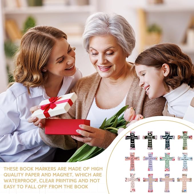 Resurhang 24 Pcs Magnetic Bookmarks Christian Cross Magnetic Page Markers Religious Bible Verses Bookmarks for Mother's Day Women Student Church Study Group Graduation Coworker Team (Flower)