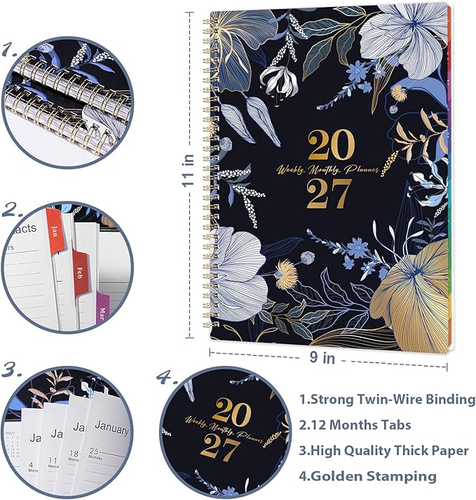2027 Planner - 2027 Weekly and Monthly Planner, 11" x 9", Jan. 2027 - Dec.2027, Planner 2027 with Colorful Tabs, Premium Thick Paper, Twin-Wire Binding - Floral Black Cover