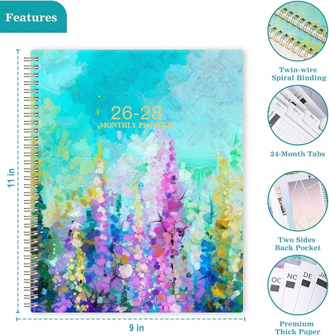 2026-2028 Monthly Planner - 2 Year Monthly Planner/Calendar 2026-2028, July 2026 - June 2028, 11" x 9", 24 Months Calendar, Yearly planners, Tabs, Inner Pocket, Twin-wire Binding - Oil Painting