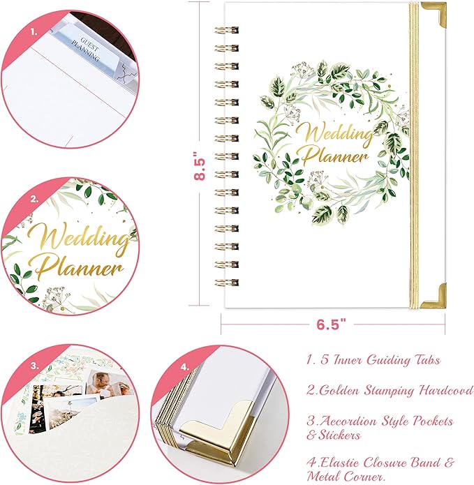 Artan Wedding Planner Book and Organizer - Wedding Planners, the Wedding Planner for Bride with 5 Tabbed Sections, 6.5" x 8.5", Hardcover with Metal Corner, 5 Inner Pockets, Notes Pages