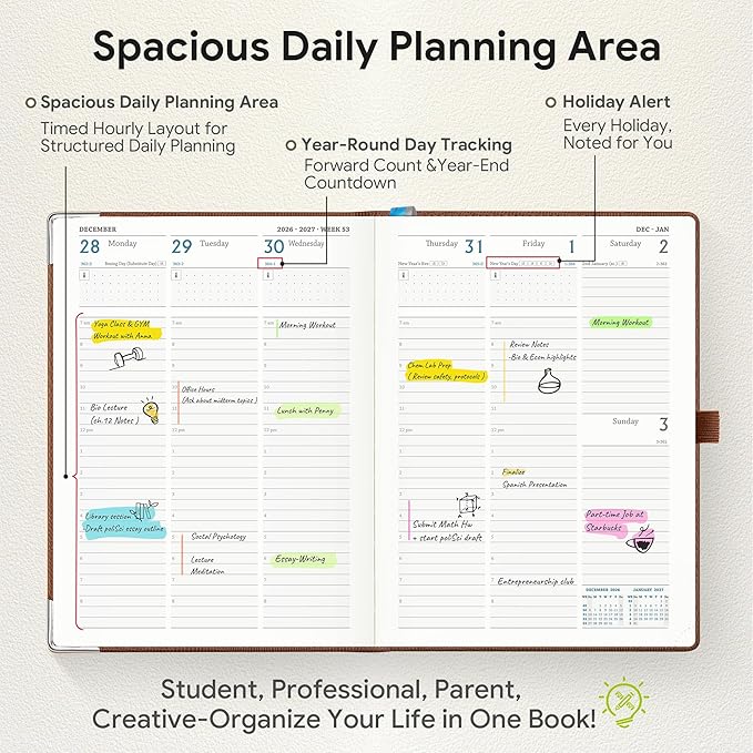 Planner 2026-2027 Weekly & Monthly Planner with Hourly Time Slots, 18 Month Academic Calendar July 2026 – Dec 2027, Vertical Layout, Monthly Tabs, Hardcover Business Agenda, Brown