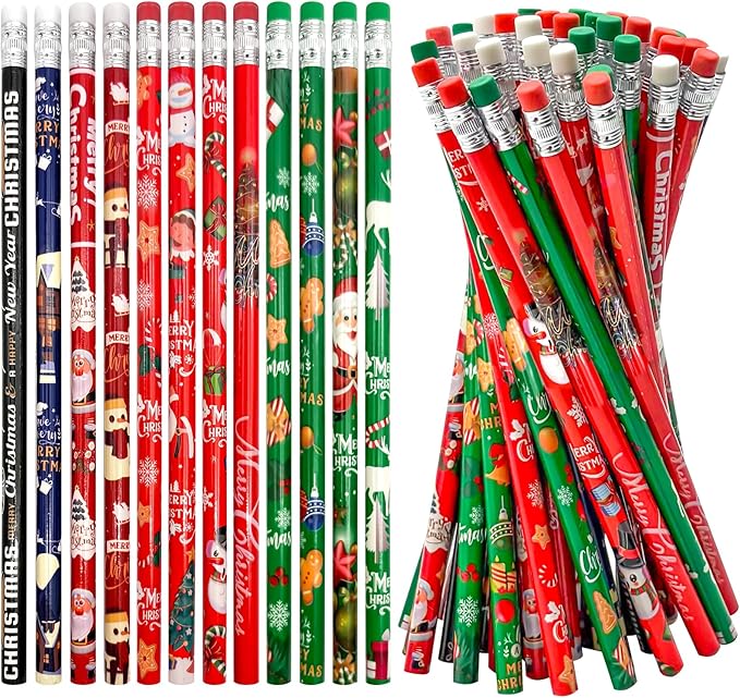 72 PCS Christmas Pencils with Eraser,Xmas Themed Pencil,Wooden Pencils with Santa Claus,Elk,Christmas Tree and Snowflake,Snowman for Stocking Stuffers,Xmas Gift Supplies,School Supplies(12 Styles)