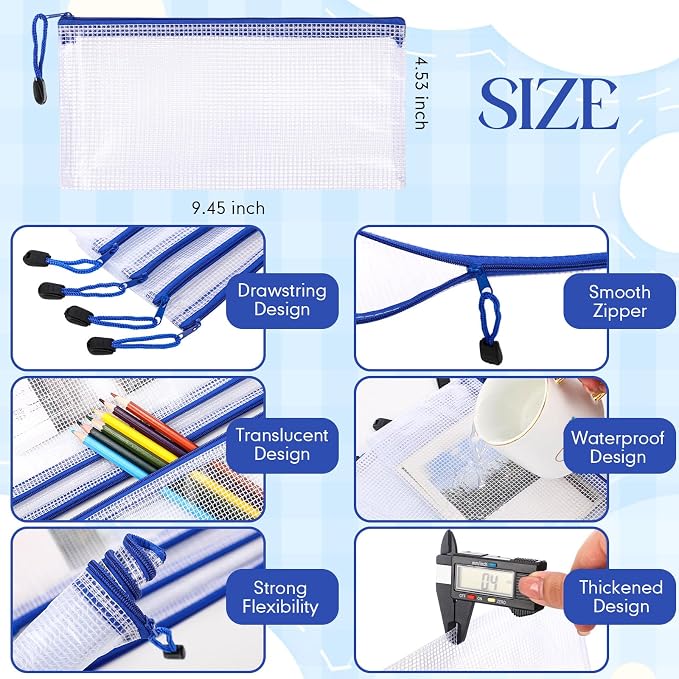 Zhehao 200 Pieces A6 Mesh Zipper Pouch Bulk Mesh Bags with Zipper Waterproof Small Pencil Pouches for School Office Supplies Organization 9.4 x 4.5 Inches(Blue Colors)