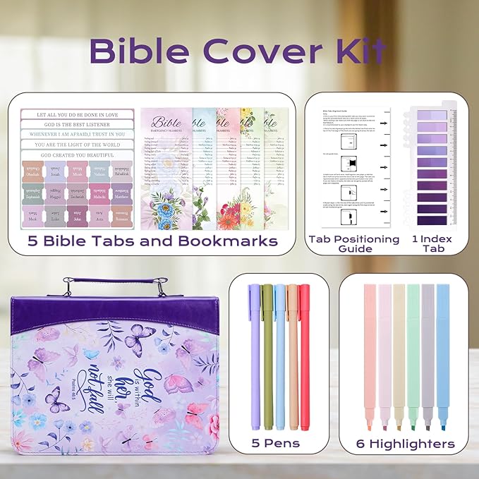 XKDOUS Purple Bible Cover for Women, Leather Bible Bags Set with Study Supplies, Tabs, Pens, Bookmarks, Large Book Carrying Case Carrier Tote Bag Christmas Gifts for Lady