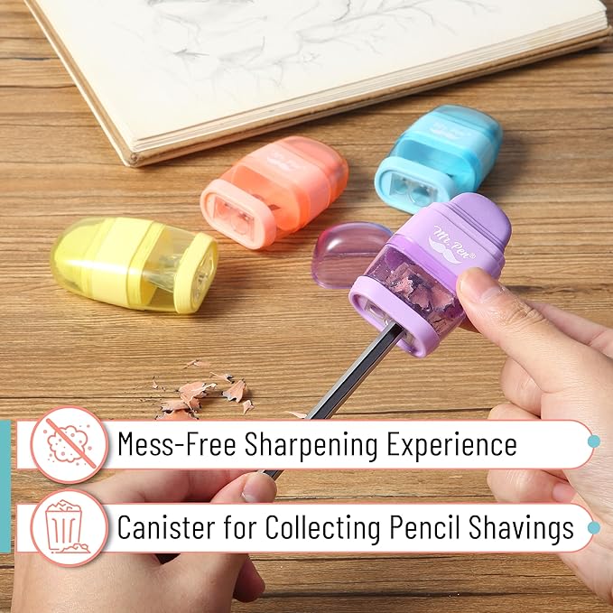 Mr. Pen- Pencil Sharpener & Eraser, 4 Pack, 2-in-1 Manual Sharpeners with Canister, 2 Sharpening Holes for Standard & Jumbo Pencils, Colorful Dual Hole Design for School, Office, Home, Kids