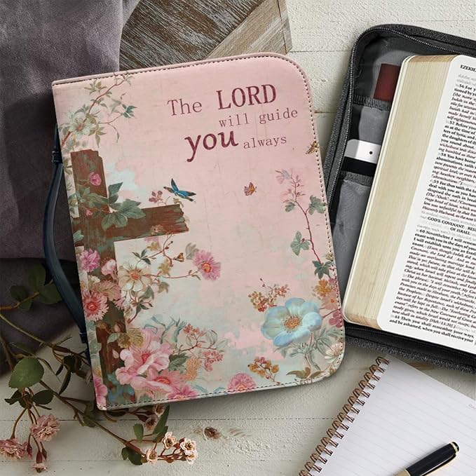 Retro Style Flowers and Cross Bible Case with Bookmark Waterproof Bible Cover Case for Women Lightweight Bible Bag with Handle Pockets Church Book Bag