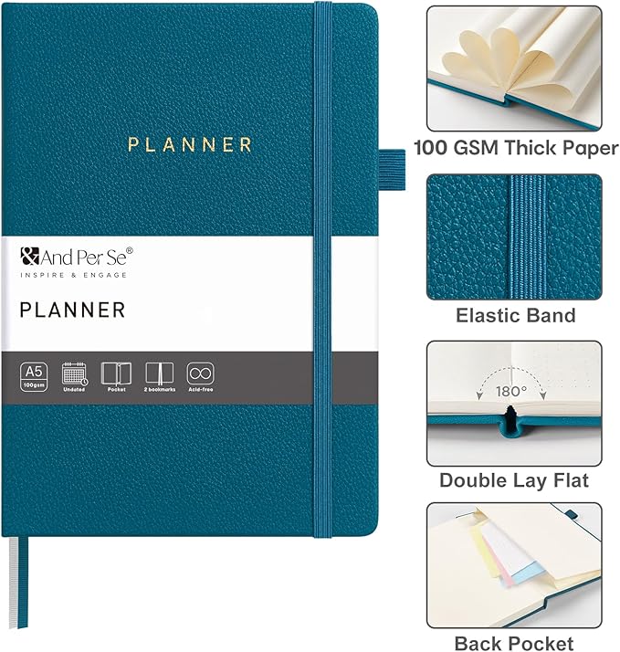 And Per Se Undated Weekly Planner 2026, A5 size Leather Hardcover Planner with Goals & Habit Tracker – ADHD Planner & Productivity Journal (Dark Turquoise)
