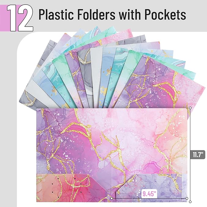 Mr. Pen- Plastic Folders with Pockets, 12 pcs, Marble Design, Aesthetic File Folder with Business Card Slot, 2-Pocket Folder, Back to School, Office, Filing Supplies
