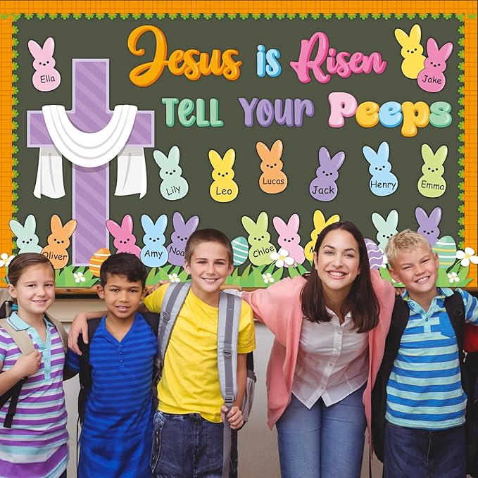 Easter Peeps Bulletin Board Decorations Easter Egg Bunny Spring Paper Cutouts Jesus is Risen Religious Bulletin Board for Church Sunday School Office Chalkboard Wall Door Decor Supplies