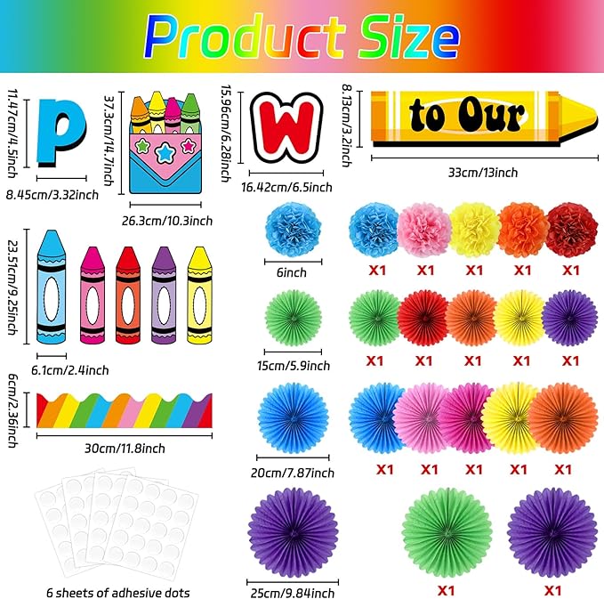 Justforjoyful Welcome to Our Pack Bulletin Board Decorations with 3D Tissue Paper Flowers Paper Fan Back to School Crayon Classroom Bulletin Board Border Set Colorful Crayon Name Tags School Supplies