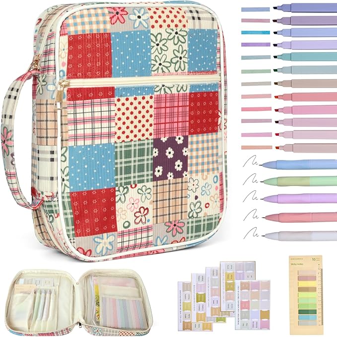 Bible Cover Case for Women Corduroy Bible Case for Girls Large Bible Cover with Handle Bible Study Supplies Accessories Christian Gifts for Women (Cute Plaid, Medium)