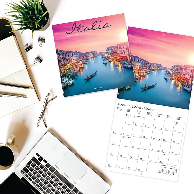 Graphique 2024 Italia Wall Calendar | 12” x 12” | Thick Paper | Home & Office Organizer | Large Monthly Grid | 3 Languages & Marked Holidays | 4 Month Preview Page for 2025