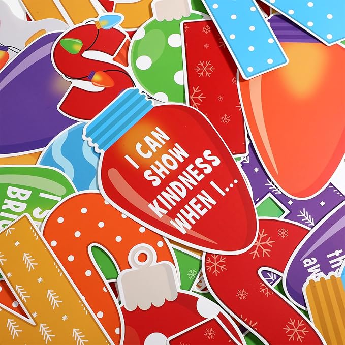 86 Pcs Christmas Bulletin Board Decorations with Light Bulb Borders Xmas Kindness Bulletin Board Set Xmas Winter Colorful Light Bulb Cutouts for Classroom Decoration School Home Holiday