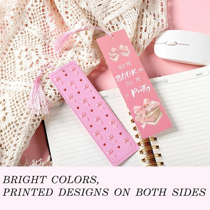 12PCS Pink Bow Bookmarks, Paper Bookmark with Tassels, Pink Bookmarks for Book Lovers Gifts, Double-Sided Colorful Cute Book Marks for Women, Book Accessories, Classroom Reading Supplies