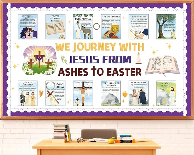 Easter Bulletin Board Decoration Set Jesus Resurrection Journey Posters from Ashes to Easter Classroom Decorations Holy Week Events Paper Cutouts for Kids Christian Chalkboard Wall Door Decor