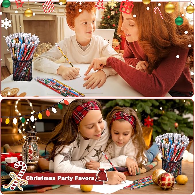 Christmas Pencils Xmas Wood Pencil with Eraser Snowman Pencils Santa Elk Assorted Christmas Stationery Pencil, 8 Styles(24)