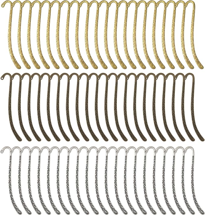 60pcs Metal Bookmark Hooks with Beaded Blanks, Vintage Retro Beading Line Tibetan Carving Pattern Alloy Hook Bookmarks with Hole for Stationery, Reading Enthusiasts, Teacher, DIY, Gifts
