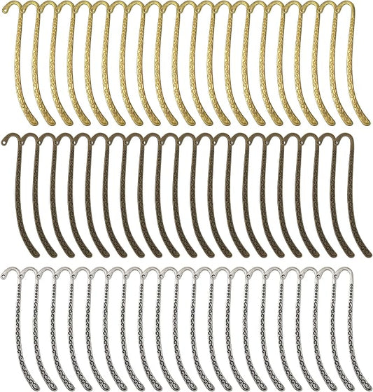 60pcs Metal Bookmark Hooks with Beaded Blanks, Vintage Retro Beading Line Tibetan Carving Pattern Alloy Hook Bookmarks with Hole for Stationery, Reading Enthusiasts, Teacher, DIY, Gifts