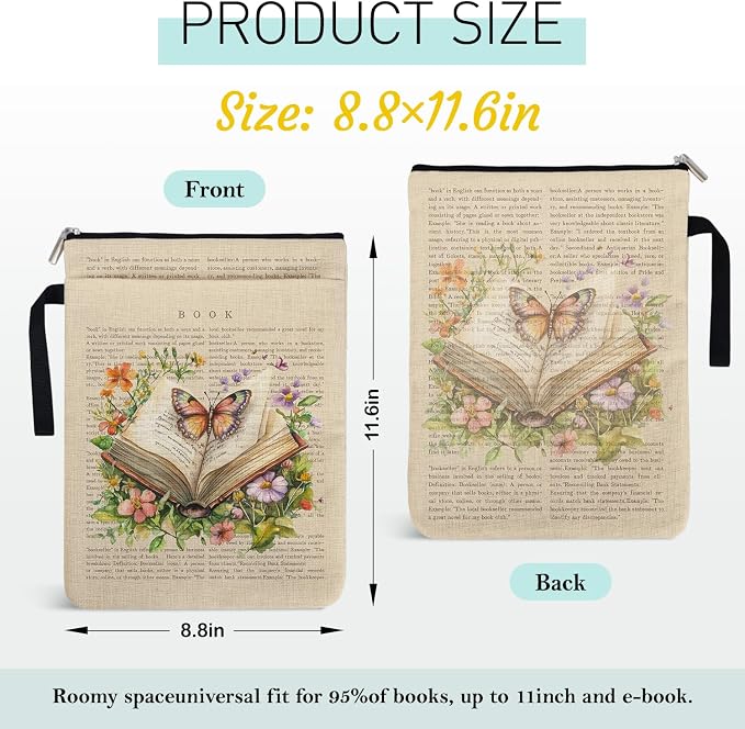 Bookish Butterfly Flower Book Sleeve Pouch for Women Friends Book Lovers Librarian Lovers Bookish Group Club with Pocket Handle, Book Covers Gifts for Women Teacher Graduation Birthday Gifts