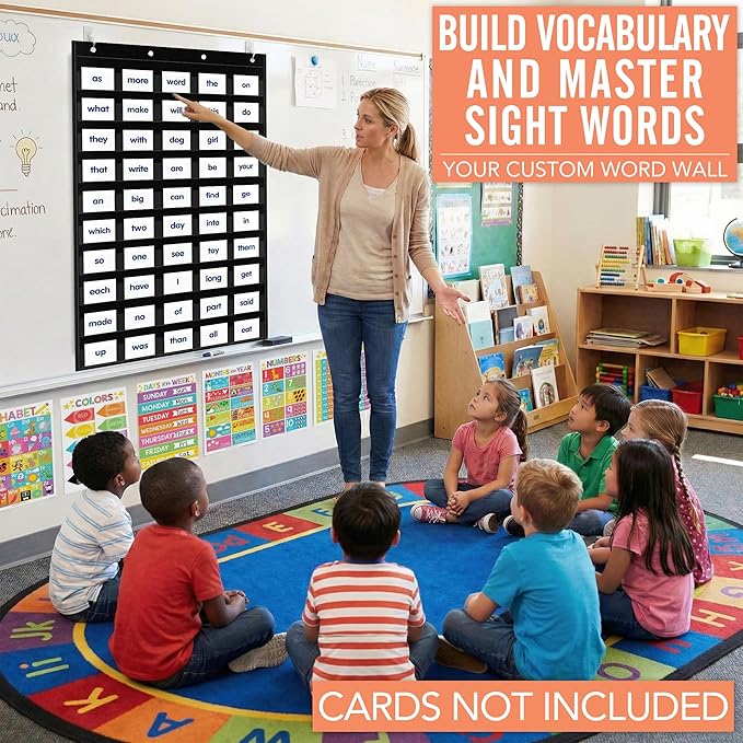 Pocket Chart for Classroom - Large Black 10 Pocket Chart for Alphabet Learning Word Wall Calendar Daily Schedule Sentence Strips Sticker Display, Teacher Supplies for Preschool Kindergarten & Home