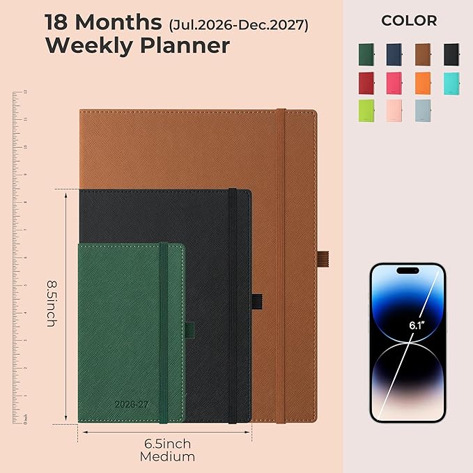 Weekly Monthly 2026-2027 Planner (July 26-Dec 27),8.5"x6.5",18 Months Agenda Plan with Month Tabs & Pocket,Expenses/Note Pages, Academic Calendar with Vegan Leather Cover,Black