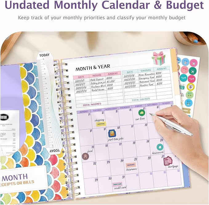 Ospelelf Budget Planner Undated, Money Expense Tracker with Pocket & Stickers, Thick Cardboard Cover, Large Pages for Spacious Writing, Original Fun Colorful Design, 12 Month Financial Notebook, Purple Floral