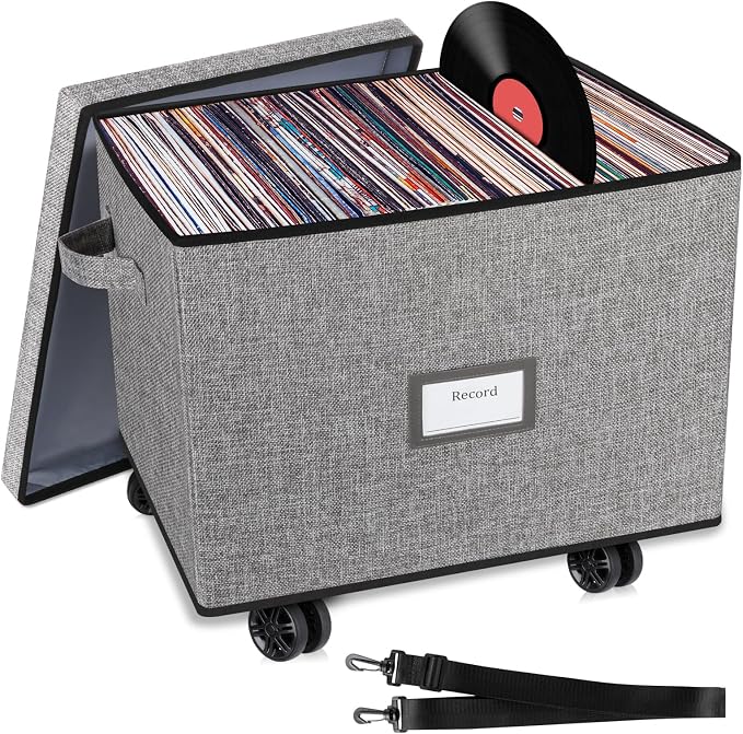 Lukeline Rolling Vinyl Record Storage Box, LP Record Storage Holds up 100 Single Records, Decorative Moving Box for Records, Vinyl Storage Organizer with Tow Rope and Double Handle