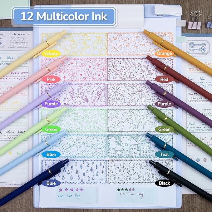 YOXMJDB 12 Pcs Color Pens for Journaling 0.5mm Fine Point Colored Gel Ink Pen, Smooth Writing Colorful Pens for Note Taking, Gift Set for Women & Men (12 Pcs Vintage & Vibrant Gold)