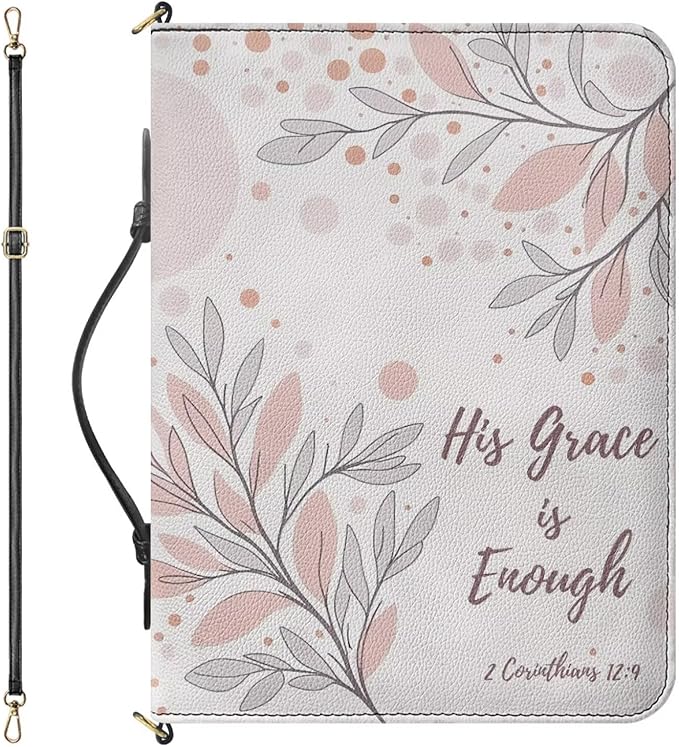 Aesthetic Bible Cover Case for Women Gray, 2XL Bible Bible Cases with Strap and Handle, II Corinthians 12:9 Biblia Holder with Inner Pockets and Pen Loop, Church Bags for Women