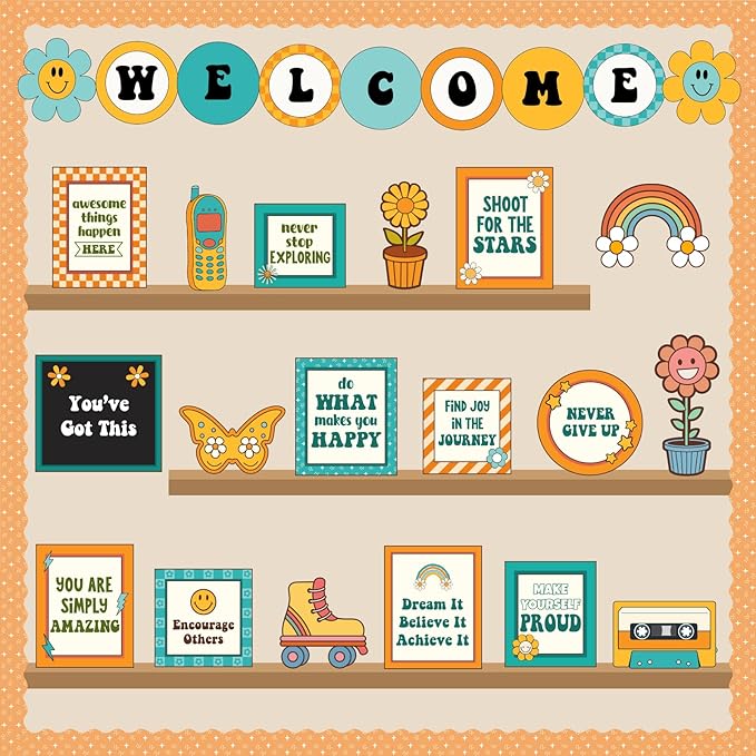 Welcome Back to School Bulletin Board Decorations, Hippie Retro Classroom Decorations Motivational Bookshelf Cutouts Groovy Bulletin Board Set for Classroom School Office Door Wall Decor