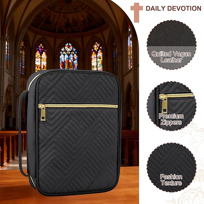 Bible Cover Case for Women, Quilted Large Handle Vegan Leather Bible Bags with Bible Study Supplies Accessories Church,Classroom,Campus,Neighborhood Association (Vintage Black,M/L)