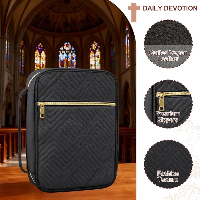 Bible Cover Case for Women, Quilted Large Handle Vegan Leather Bible Bags with Bible Study Supplies Accessories Church,Classroom,Campus,Neighborhood Association (Single Black,M/L)