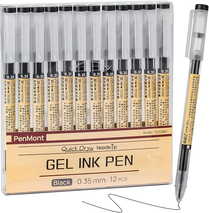 Quick Dry Black Gel Roller Pens, Waterproof Ink, 0.35mm Extra Fine Point, Precise and smooth writing, Japanese Pens Style, 12-Count Pack