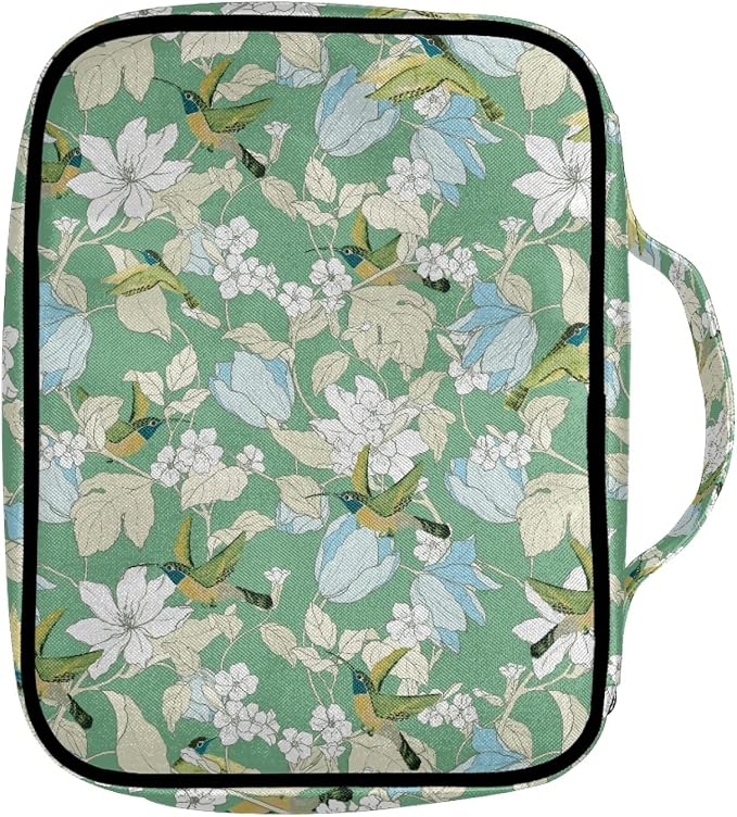 Coldinair Hummingbird Floral Green Bible Cover for Women Teens Girls,Decorative Carrying Book Case Church Bag Bible Protective with Handle and Zippered Pocket