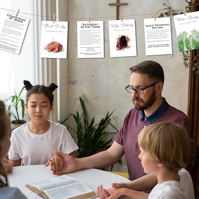 Holy Week Decoration - Holy Week Story Cards & Easter Story Cards - Religious Supplies & Easter Activities for Kids Teens Adults - Sunday School Learning Card(16 Holders 26 Feet Hemp Rope) - A03