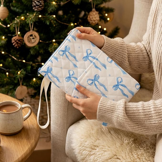 Gilprop Blue Bow Bible Book Sleeve with Zipper 11" x 9" Padded Protector Washable Quilted Book Covers Printed Bible Pouch with Handle Pockets Protector for Books Lover Christian Gifts