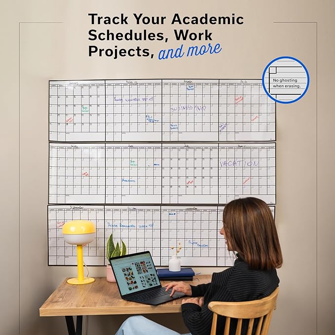 Yearly Dry Erase Calendar for Wall, 45x55, 12 Month Wall Calendar Dry Erase, Full Year White Board for Office, Home & School, Giant Annual Erasable Whiteboard, Jumbo Undated White Board Planner