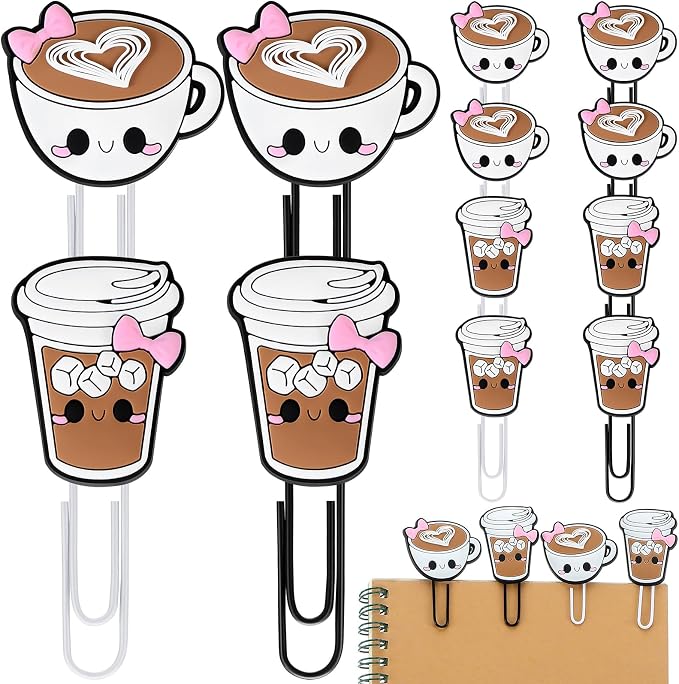 12 Pcs Coffee Cup Shape Paper Clips Funny Cute Paperclips Bookmarks Planner Clips Back to School Teacher Appreciation Gift Supplies for Employee Office Supplies Stationery Gifts Essentials