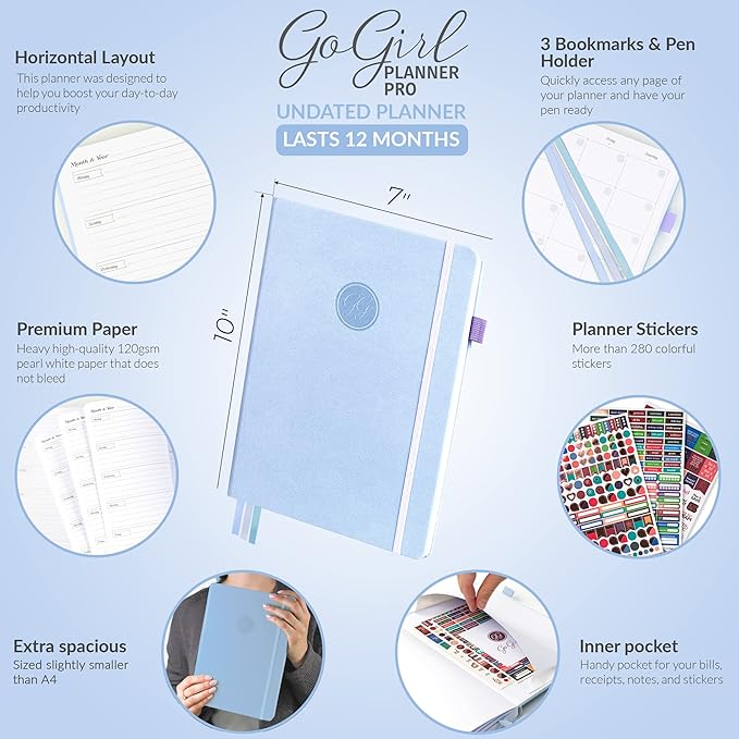 GoGirl Planner PRO - Undated Horizontal Layout Weekly Planner and Organizer + Budgeting and Expense Tracking Pages, Goals Journal & Agenda, 7" x 10" Hardcover, Lasts 1 Year - Periwinkle