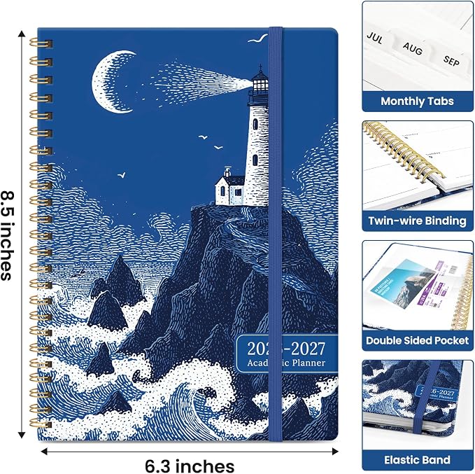 Planner 2026–2027, Academic Year Monthly & Weekly Calendar Book, Jul 2026–Jun 2027, Hardcover Organizer with Tabs, Student & Teacher Planner, 6.3" x 8.5", Lunar Lighthouse