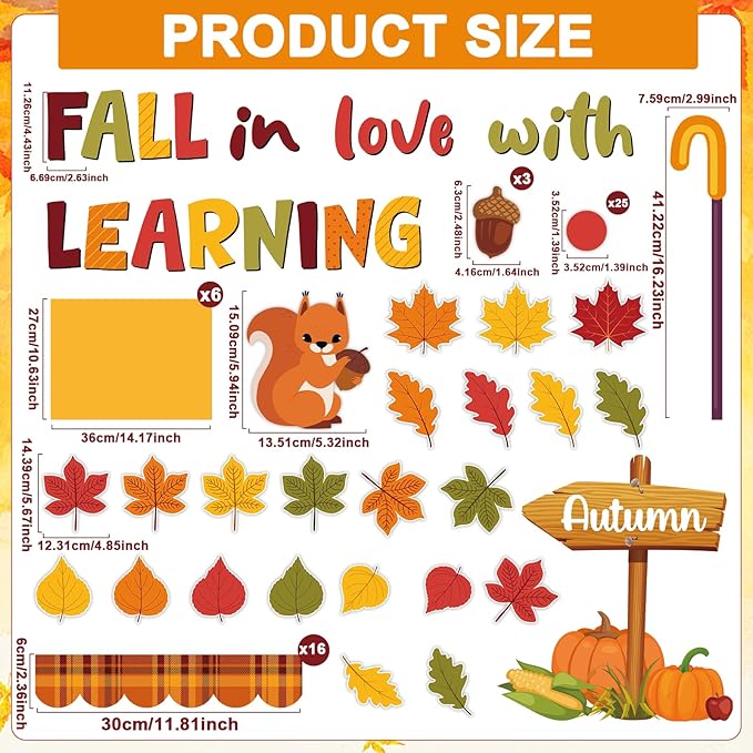 3D Fall Bulletin Board Set Autumn Classroom Decorations Umbrella Cutouts Fall in Love with Learning Paper Cutouts 101Pcs for Thanksgiving School Chalkboard Home Wall Door Teacher Supplies