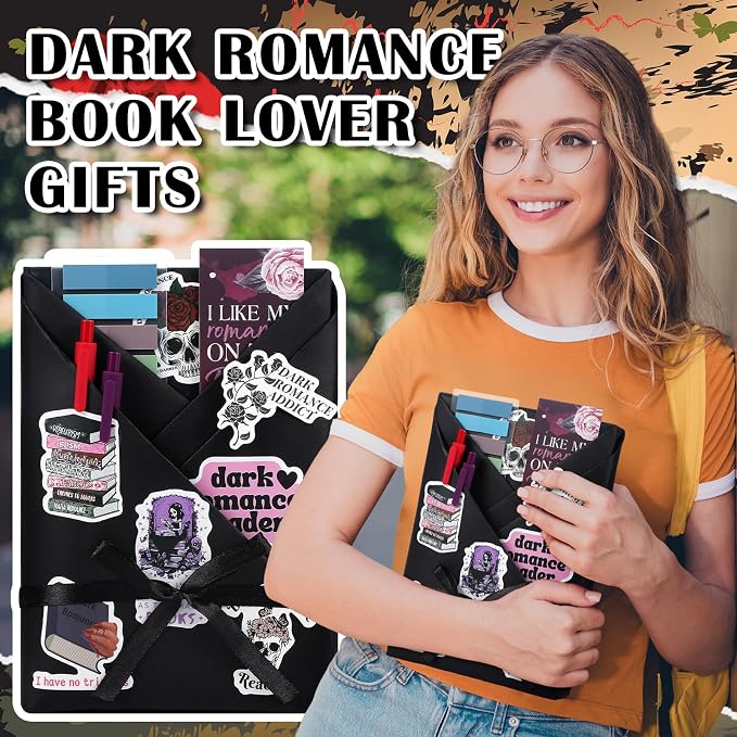 Honoson 6 Set Dark Romance Blind Date with a Book Gift Box Supplies Including Smutty Spicy Bookmarks Stickers Tags Pens Ribbon Wrapping Papers Bookish Librarian Book Lovers Club Gifts(Without Books)