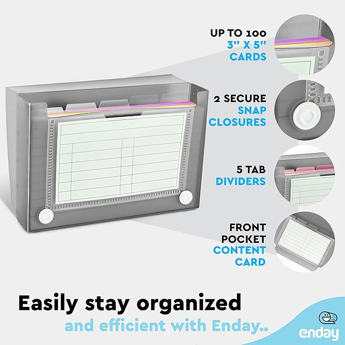 Enday Index Card Holder Grey, 3x5 Note Flash Card Organizer Case, File Box with 5 Dividers, Notecard Box Holds 100 Cards, Also Available in Red, Purple, Green, Blue, Pink, 4 Pack