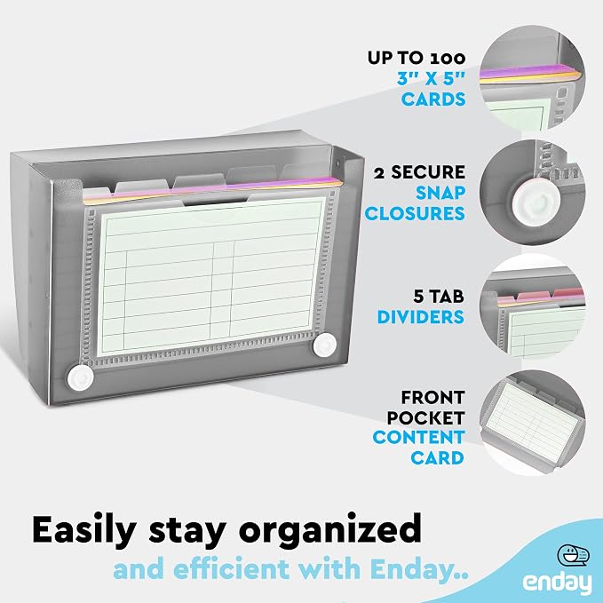 Enday Index Card Holder 3x5, Grey Index Card Case with 5 Tab Dividers, Index Card Organizer, Flash Card Holder, Holds 100 Cards