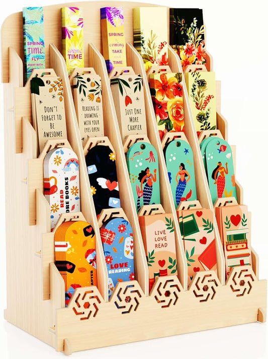 HOTCAN Bookmark Holder Display Stand for Vendors | Wooden Bookmark Booth Display Items with 20 Shelf Pockets | Customizable Space and Mobile Friendly Design Ideal for Craft Fairs, Vendor Booths, Shops