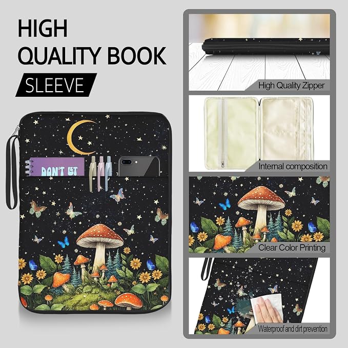 Book Sleeve Book Protector Pouch Case,Book Sleeve with Zipper,Book Sleeve Cover for Book Lovers Gifts,Mushroom Printed Waterproof Book Club Gifts for Women Teacher Reader Librarian