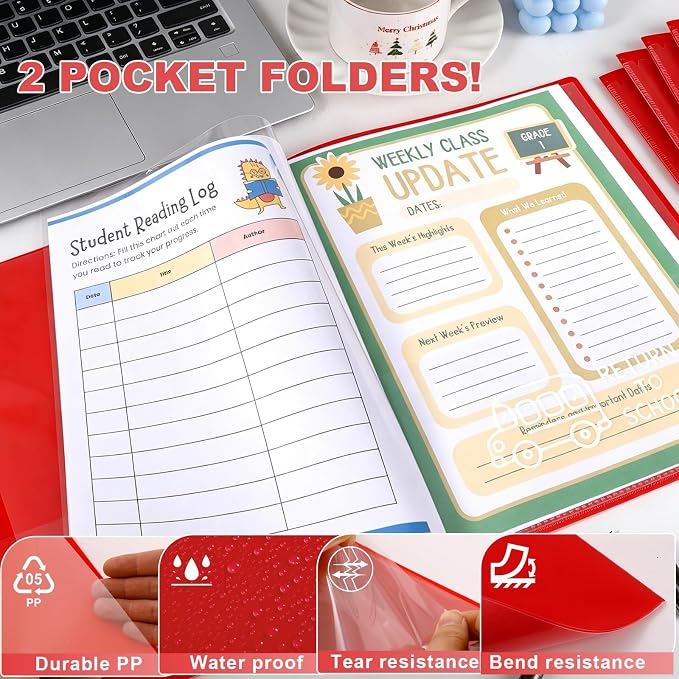 24 Pcs Back to School Take Home Folders for Elementary Students 2 Pocket Folders with Clear Front Pocket 4 Inner Pockets Plastic Parent Teacher Communication Folder 11.81 x 9.45 Inch (Red)