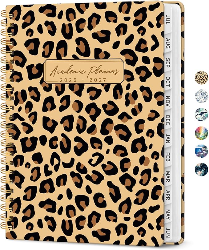 2026–2027 School Year Planner, Weekly and Monthly Academic Agenda, Jul 2026–Jun 2027, Hard Cover Planner with Tabs, 6.3 x 8.5 Inches, Back to School Office Essential - Leopard