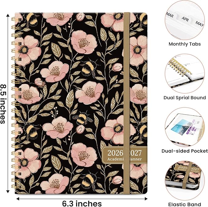 2026–2027 Academic Planner, Weekly and Monthly Planner for Women, July 2026 - June 2027, Pretty Hardcover 2026–2027 Academic Planner with Tabs, Inner Pocket, Spiral Bound, Perfect Office Home School Supplies - 6.3" x 8.5", Bee Blossom