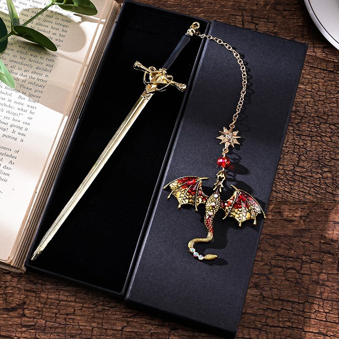 Sward Fourth Wing Bookmark - Fantasy Dragon Book Mark Vintage Tassel Metal Pendant Antique Gold Red Bookmarks Page Accessories Reading Lovers Club Gift Men Boys Students Bookish Readers